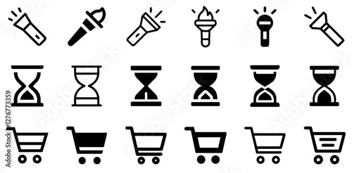 "Torch, Hourglass Timer, and Shopping Cart Vector Icon Set – Light, Time, and Commerce"