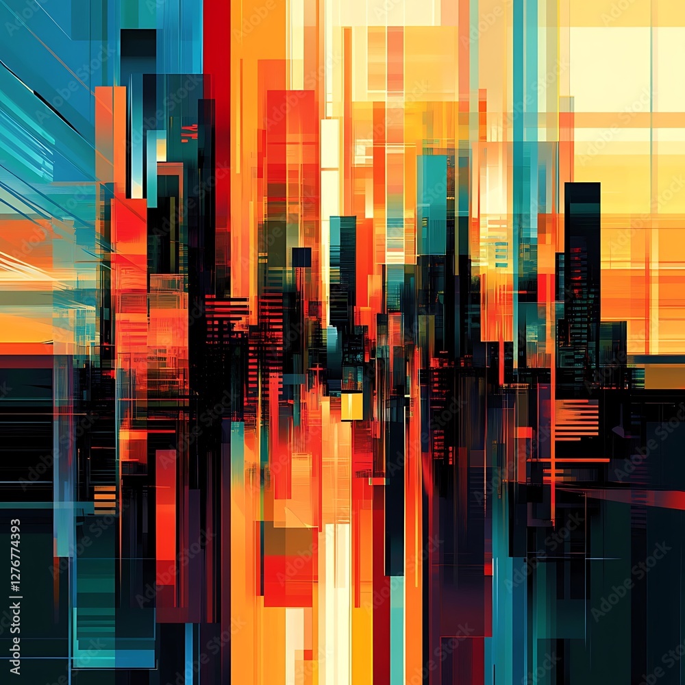 Obraz premium Abstract Cityscape; vibrant, dynamic urban scene; colorful, modern architectural style; possible use as a wallpaper or background image