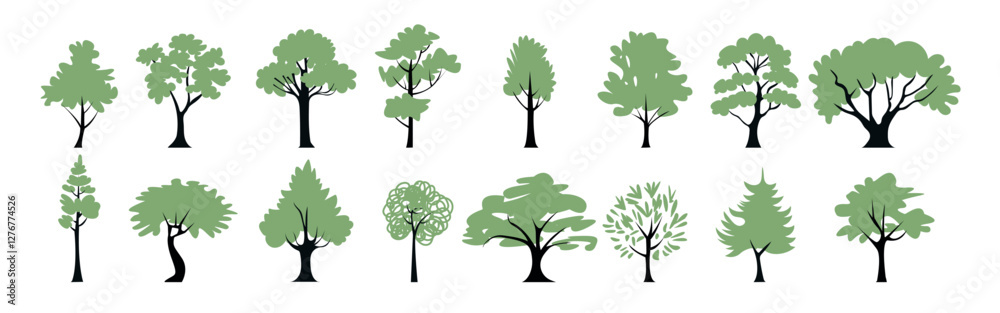Fototapeta premium Set of green tree silhouettes. Vector hand-drawn illustrations featuring various tree shapes, isolated on a white background.