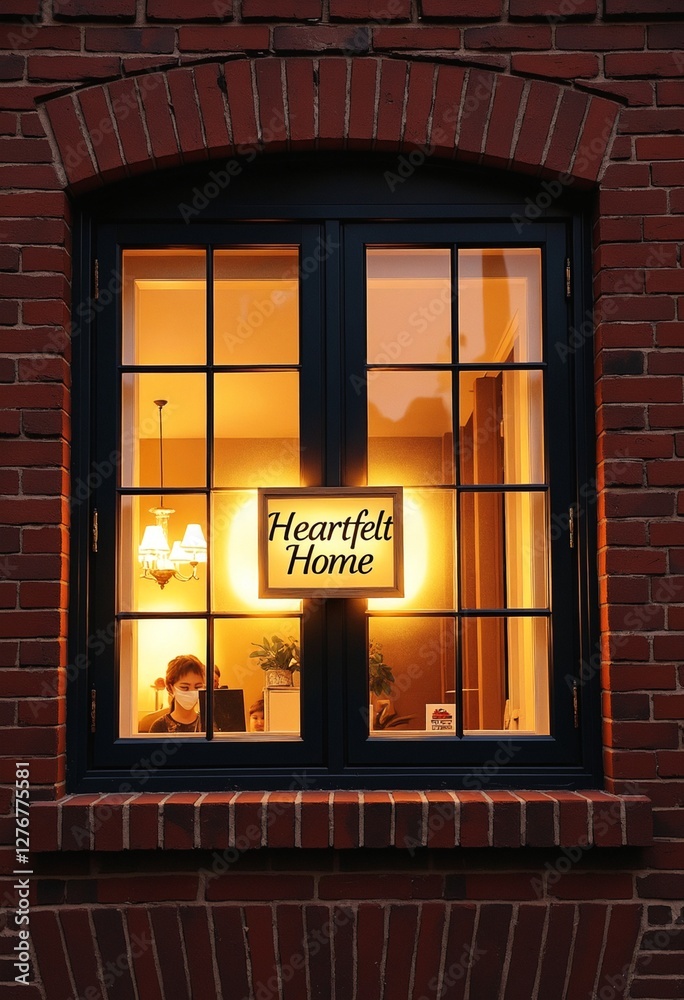 Obraz premium Heartfelt Home Lit Sign on Brick Building with Window Reflections