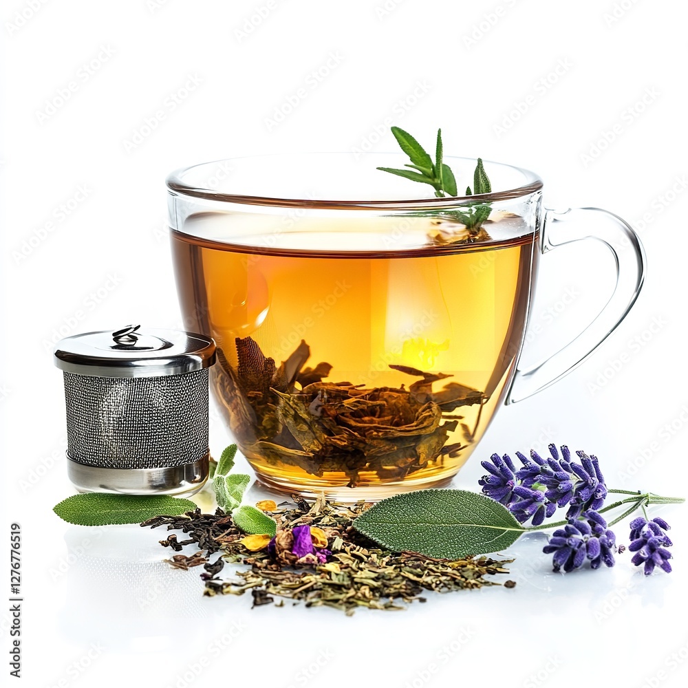 Fototapeta premium Brewed to Perfection: A Clear Glass Teacup Filled with Dark Herbal Tea, Featuring Tea Leaves at the Bottom and Fresh Green Leaves Beside It on a White Background - A Simple and Natural Still Life