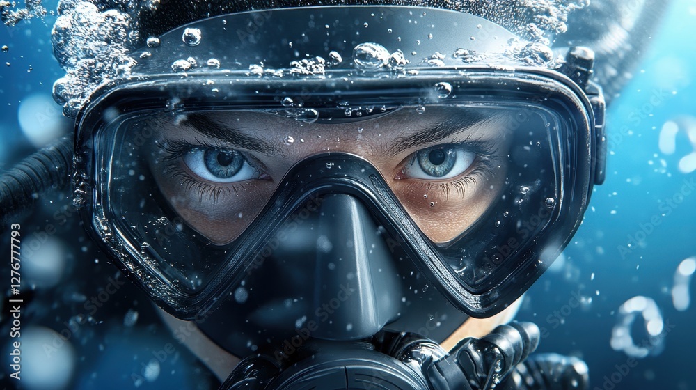 Close-up of a scuba diver, intense gaze through a mask, surrounded by air bubbles in deep blue water. Close-up of a scuba diver, intense gaze through a mask, surrounded by air bubbles in deep blue water.