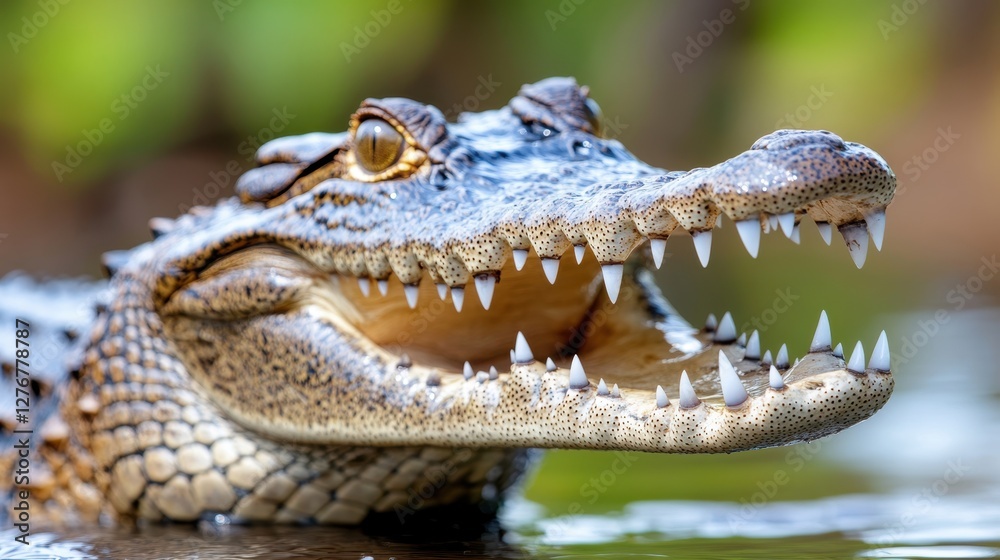 Obraz premium Young crocodile with open jaws, showing sharp teeth, in the water.