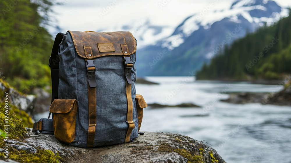 Exploring nature with a vibrant yellow backpack on a rugged mountain trail surrounded by majestic peaks and scenic landscapes during an outdoor adventure Exploring nature with a vibrant yellow backpack on a rugged mountain trail surrounded by majestic peaks and scenic landscapes during an outdoor adventure