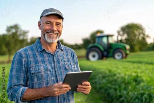 Smiling farmer holding tablet, with tractor in background on a field.