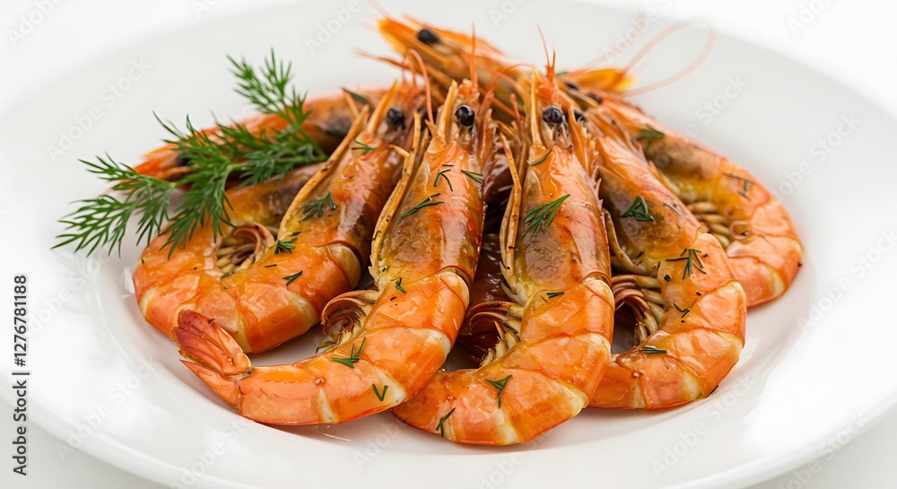 Grilled Shrimp Garnished with Fresh Dill on White Background
Grilled Shrimp Garnished with Fresh Dill on White Background