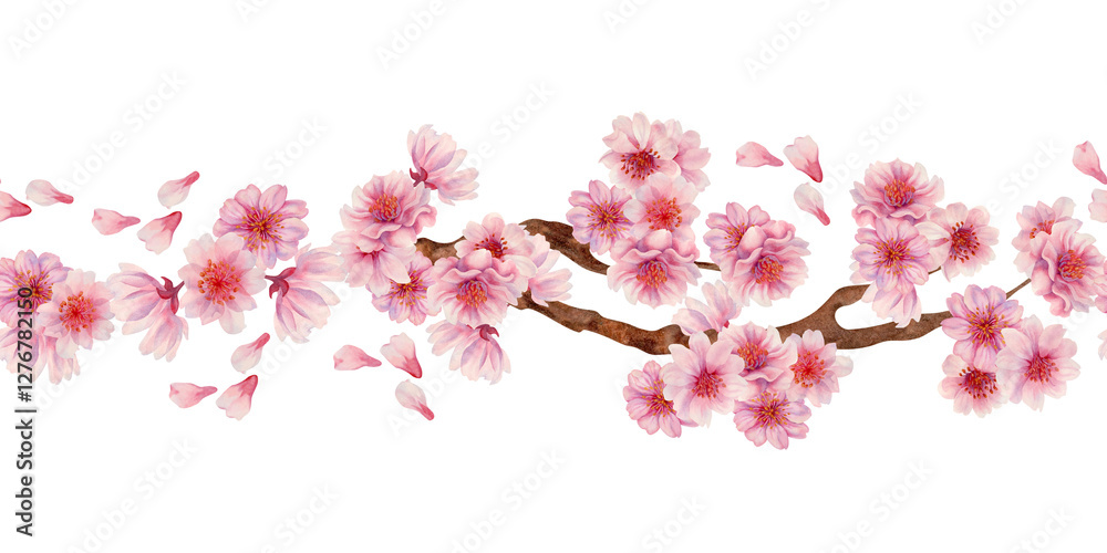 Branches with sakura flowers isolated on a white background. Spring blooming cherry blossom flowers for Hanami festival. Seamless border. Watercolor template for card, poster, textile, fabric, web Branches with sakura flowers isolated on a white background. Spring blooming cherry blossom flowers for Hanami festival. Seamless border. Watercolor template for card, poster, textile, fabric, web