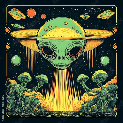 Alien spacecraft landing, mushrooms, cosmic explosion, vibrant art, for poster or print