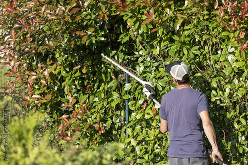 Konstfotografi Jardinier qui taille une haie de Photinia