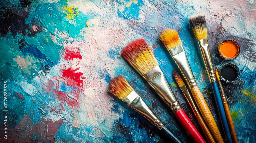 Fototapeta premium Colorful paint set with various brushes positioned on a vibrant canvas filled with abstract brush strokes and rich textures
