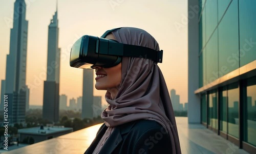 Arab woman in hijab looking at viar glasses with modern city at sunset background