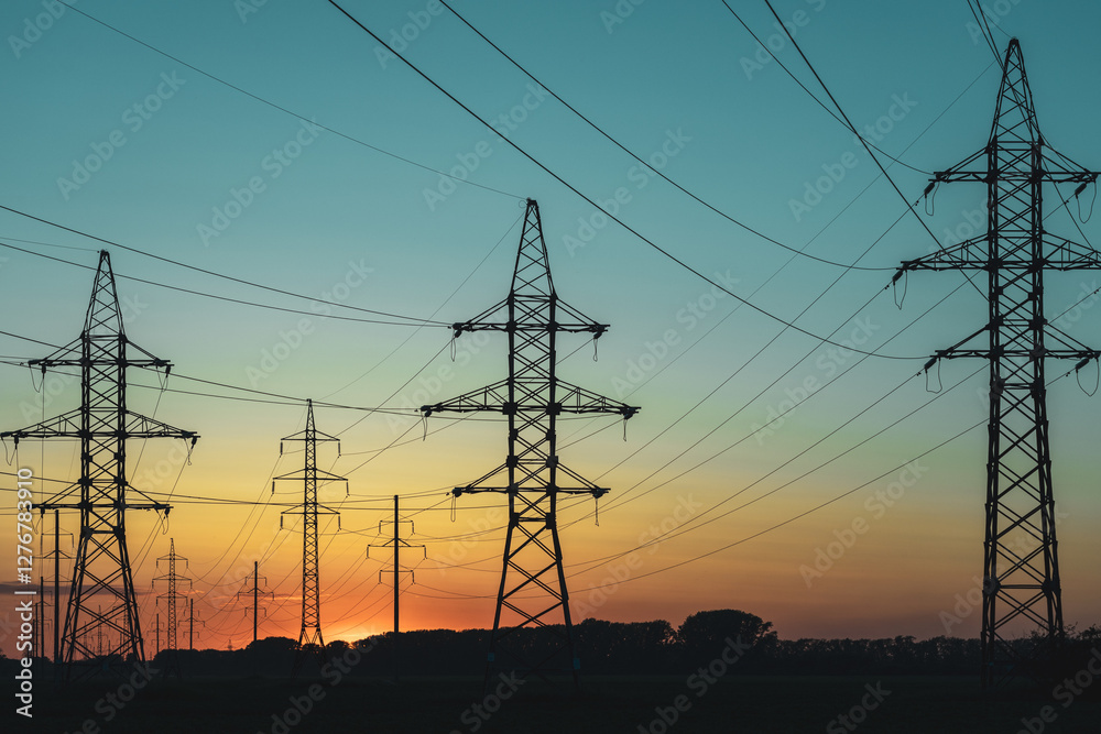 Fototapeta premium A group of power lines are silhouetted against a beautiful sunset