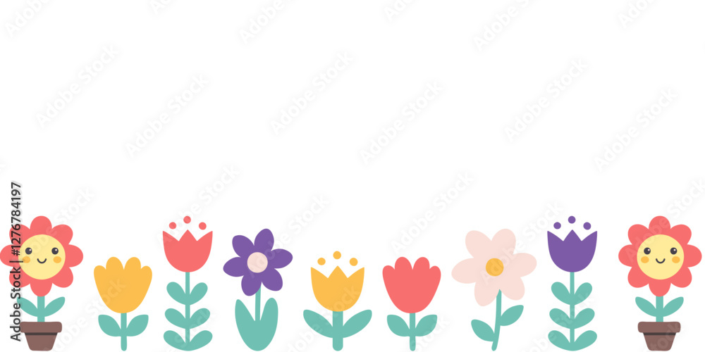 Seamless pattern with cute cartoon flowers along the bottom edge on a white background. Bright spring floral design. Perfect for banners, invitations, and kids decor. Seamless pattern with cute cartoon flowers along the bottom edge on a white background. Bright spring floral design. Perfect for banners, invitations, and kids decor.