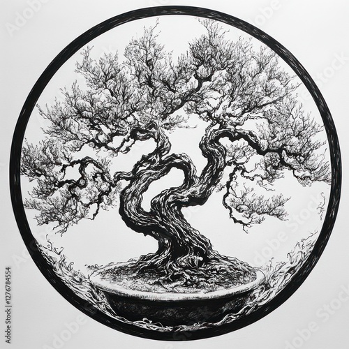 Detailed black and white drawing of a bonsai tree in a circular frame. Artistic, elegant, and contemplative. Suitable for prints, posters, or as decorative wall art photo