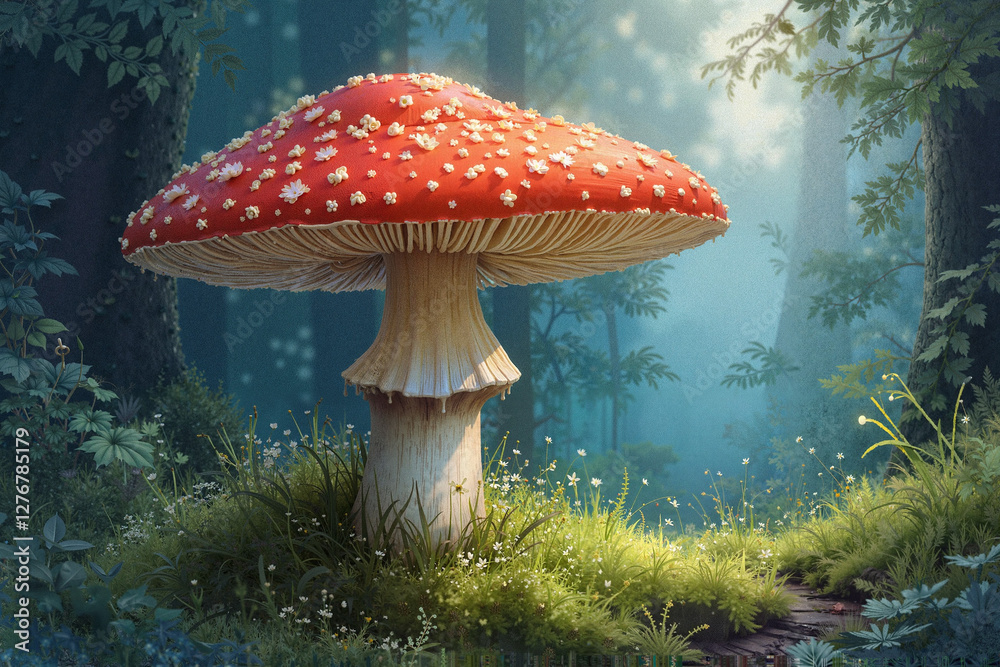 Fototapeta premium Mushroom in a forest, enchanting atmosphere and vibrant colors, realistic illustration, mystical setting