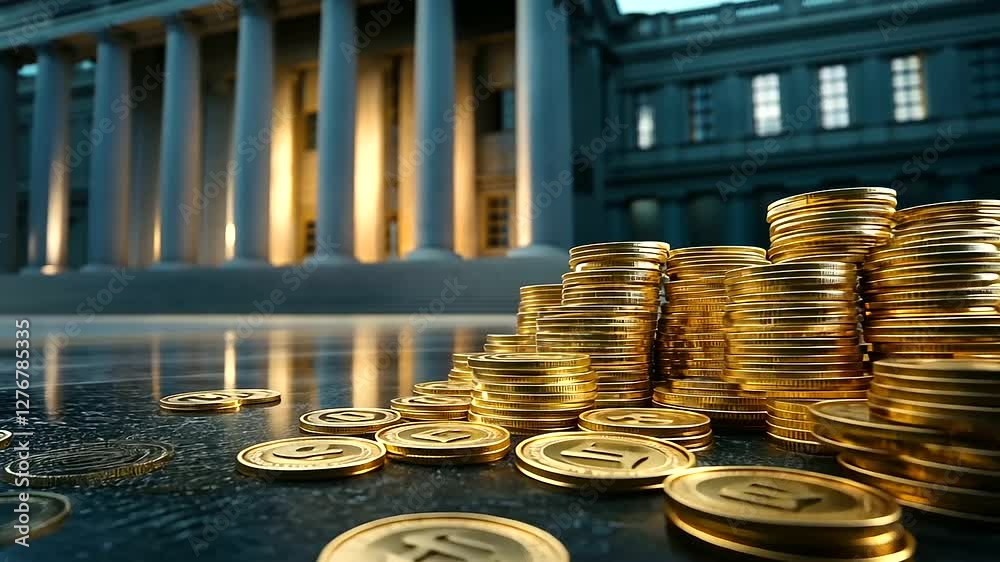 A government bank headquarters with golden coins piled high in front, illustrating central bank monetary policies affecting national economies.