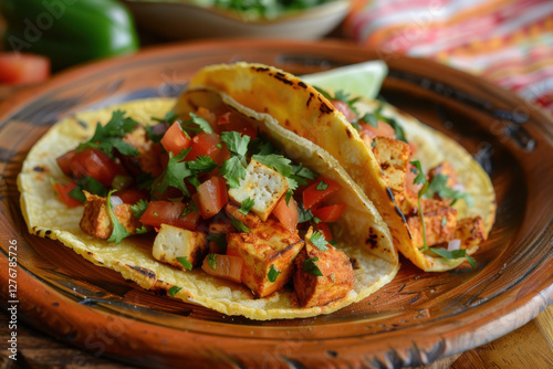 Delicious tofu tacos topped with fresh tomato salsa and cilantro, served on a ceramic plate with lime wedges.