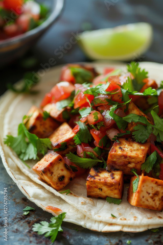 Delicious tofu tacos topped with fresh tomato salsa and cilantro, served on a ceramic plate with lime wedges.