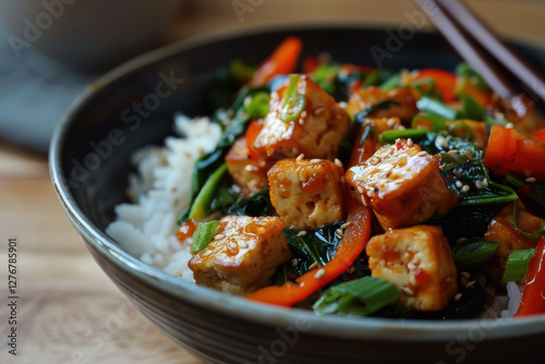 Stir-fried tofu and vegetables in a flavorful sauce, perfect for a healthy and delicious vegetarian meal.