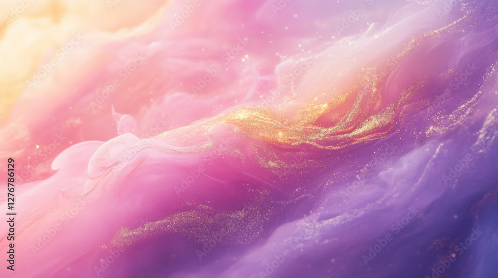 Obraz premium dreamy ethereal gradient with pink, violet, and gold hues creates mesmerizing abstract background. soft swirls and shimmering elements evoke sense of tranquility and wonder