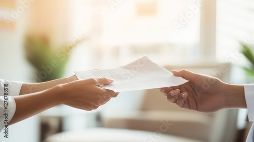 Hospital discharge scene with a nurse handing over discharge paperwork to a patient in a well-lit room. Featuring recovery and closure