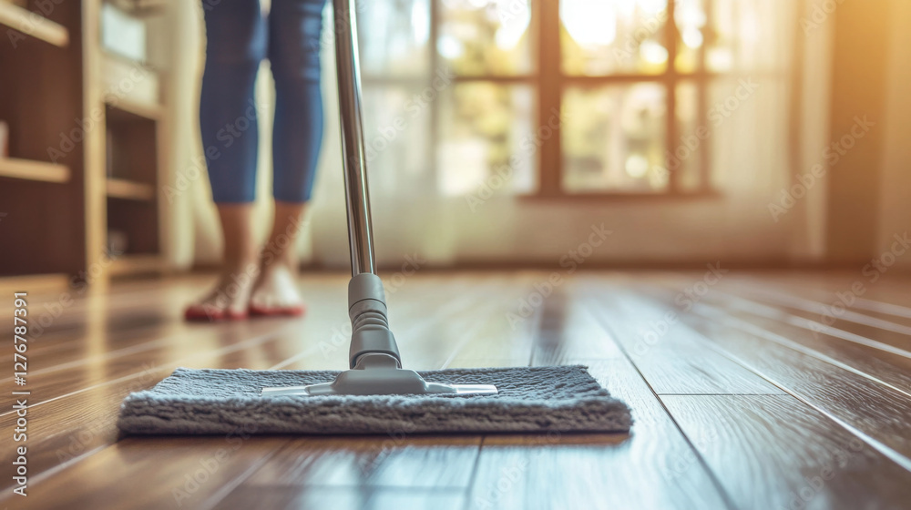 person mopping hardwood floor in bright, modern living space, showcasing cleanliness and fresh atmosphere. sunlight enhances warm tones of wood person mopping hardwood floor in bright, modern living space, showcasing cleanliness and fresh atmosphere. sunlight enhances warm tones of wood