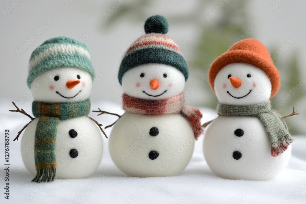 Three cheerful snowmen stand in fresh white snow, adorned with hats Three cheerful snowmen stand in fresh white snow, adorned with hats