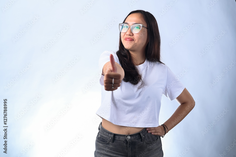 Asian woman with long dark hair, wearing glasses, a white crop top, and black jeans, giving a thumbs-up with a confident smile. Studio shot with a plain white background, expressing approval Asian woman with long dark hair, wearing glasses, a white crop top, and black jeans, giving a thumbs-up with a confident smile. Studio shot with a plain white background, expressing approval