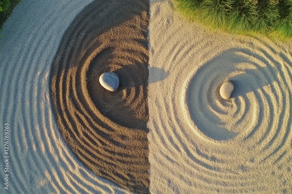 Two smooth rocks are precariously sitting on top of each other in the soft sand Two smooth rocks are precariously sitting on top of each other in the soft sand