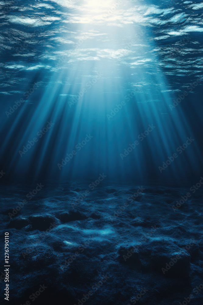 Obraz premium Deep ocean blue gradient background with subtle light rays illuminating underwater scene, creating serene and tranquil atmosphere