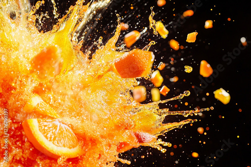 Exploding orange burst, vibrant orange and yellow color palette, juice splashes and orange fragments flying outward photo