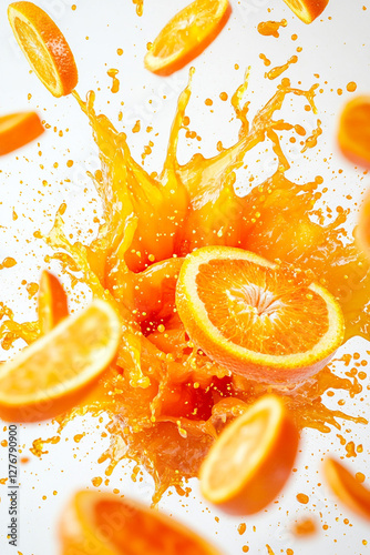 Exploding orange burst, vibrant orange and yellow color palette, juice splashes and orange fragments flying outward photo