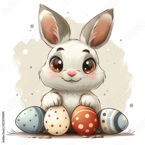 A cute cartoon bunny is happily sitting on a colorful pile of easter eggs