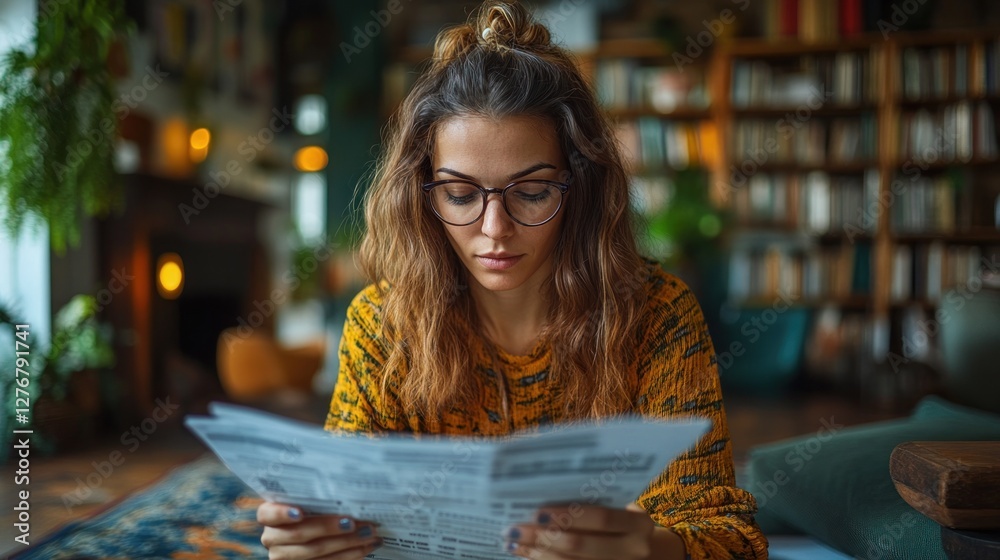 Young woman reading newspaper in cozy home. Young woman reading newspaper in cozy home.
