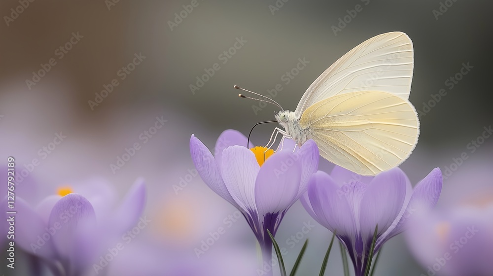 Naklejka premium Butterfly resting on purple flowers in a spring garden surrounded by blooming plants