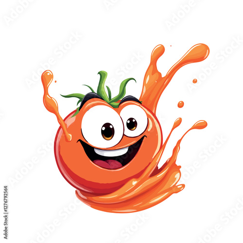 Vsai happy tomato cartoon character splashing tomato juice