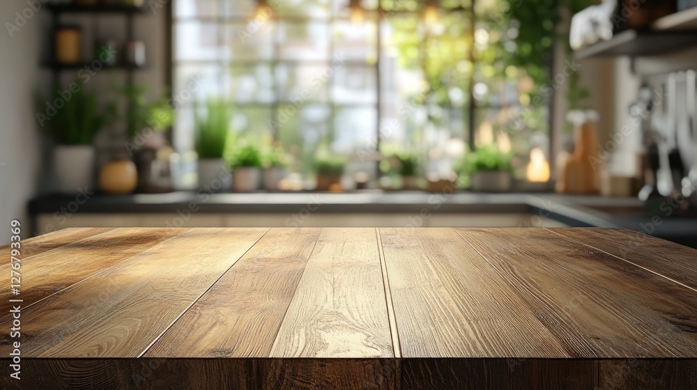 A rustic wooden table with a bright kitchen backdrop filled with greenery. A rustic wooden table with a bright kitchen backdrop filled with greenery.
