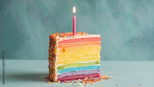 A multi-layered rainbow cake with a lit candle on top. The cake is decorated with colorful sprinkles and the candle is lit, creating a festive and celebratory atmosphere