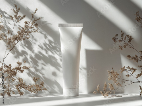 Mockup di tubo bianco opaco per crema viso, skincare o cosmetici con sfondo naturale e piante
