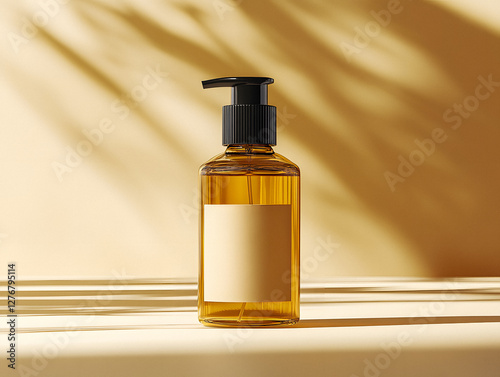 Mockup di boccetta in vetro ambrato con dispenser nero per profumo, olio o skincare su sfondo elegante
