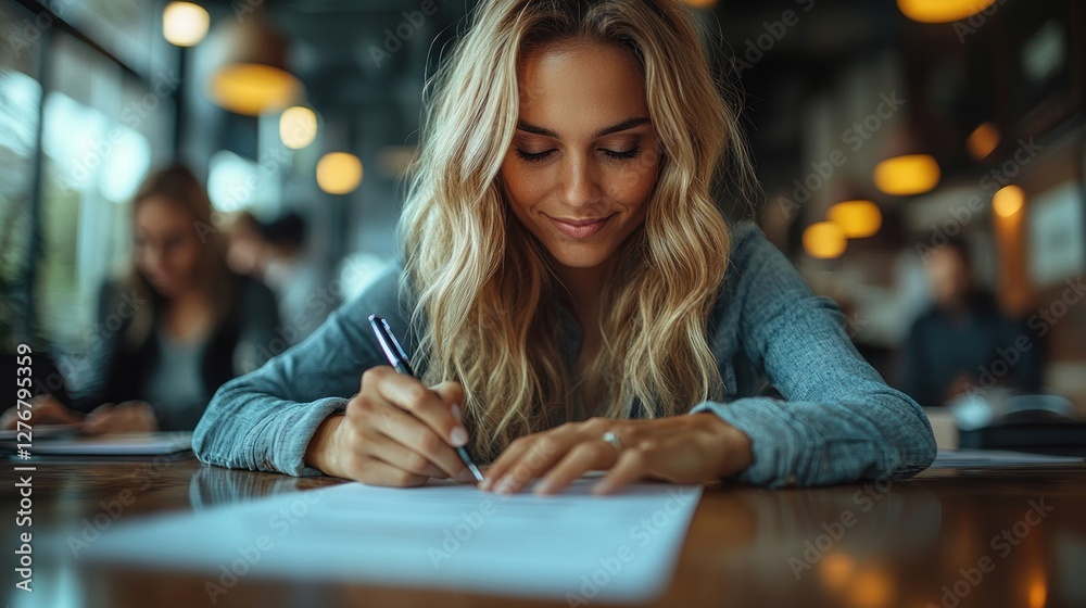 Fototapeta premium Focused young woman writing at a cafe table.
