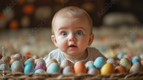 Curious baby surrounded by colorful Easter eggs, capturing a joyful moment.