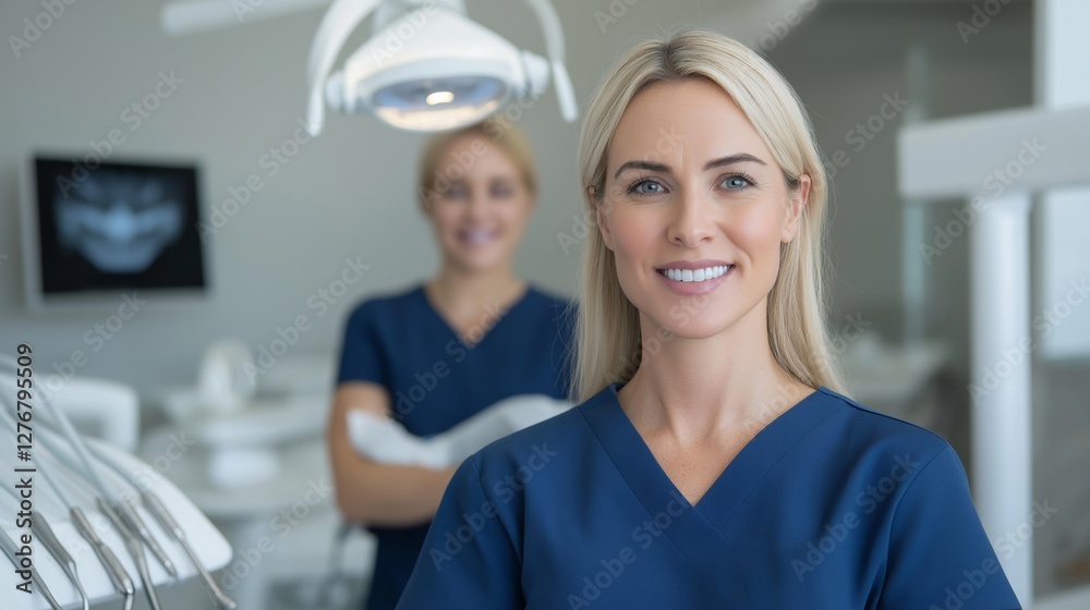 Fototapeta premium Smiling dental professionals in a modern clinic during a routine check-up