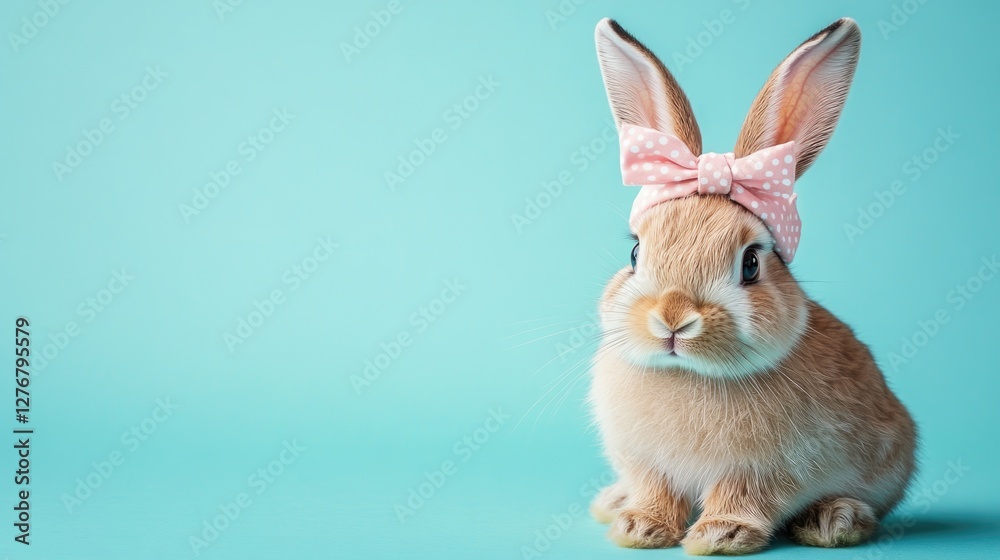 Fototapeta premium Cute rabbit wearing a pink bow on a pastel background, perfect for spring themes.