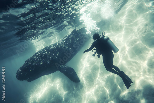 Scuba diver encounter with giant whale underwater photo