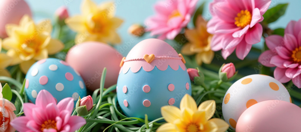 Fototapeta premium Easter Eggs and Flowers on Blue Background