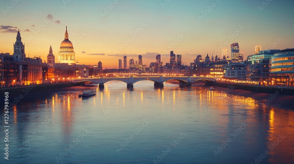 Fototapeta premium Panoramic London Skyline with Millennium Bridge Over River Thames