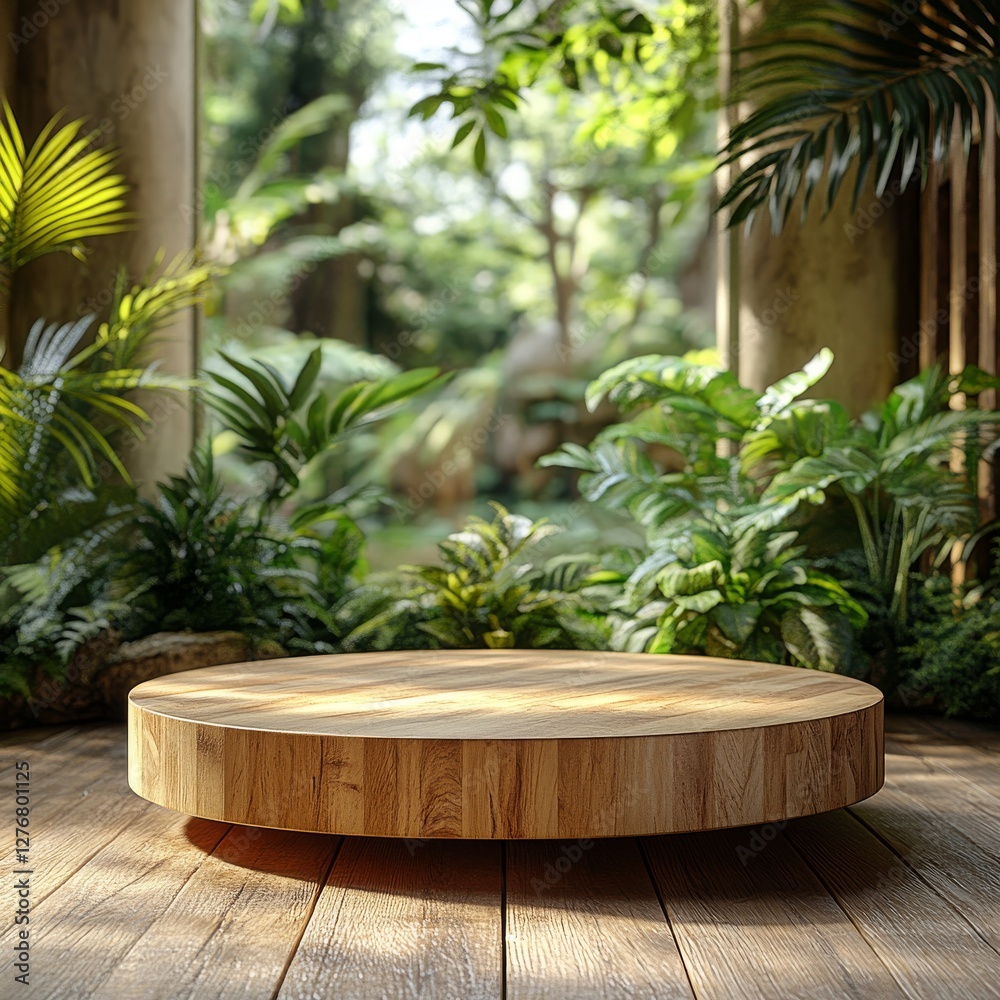 Wooden Platform in Lush Greenery: A Tropical Display for Product Presentation and Natural Beauty, Showcasing Sustainable Design in a Botanical Setting Wooden Platform in Lush Greenery: A Tropical Display for Product Presentation and Natural Beauty, Showcasing Sustainable Design in a Botanical Setting