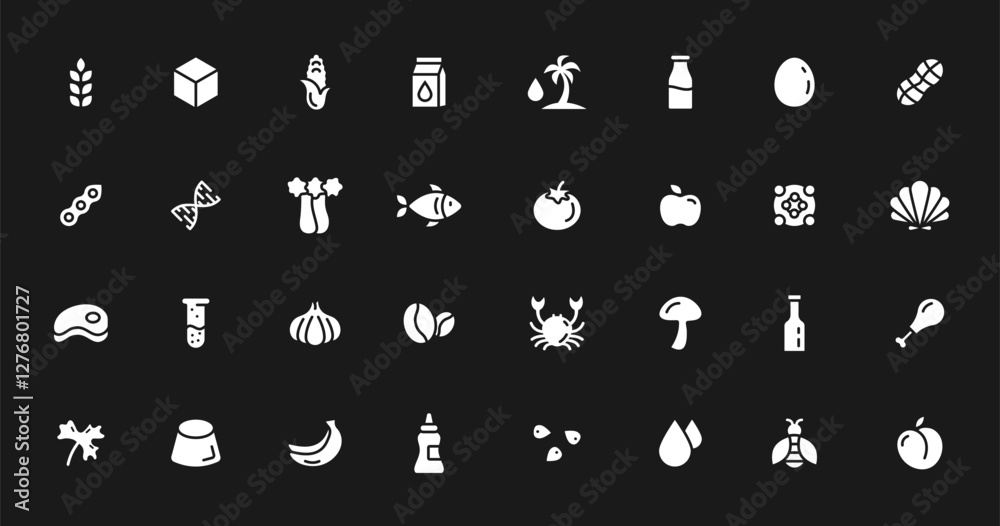 Allergen line icon big set. Nut, corn, milk, honey, gluten mustard, gmo, sesame, lactose fish, egg mollusk free. Organic and natural food labels. Allergy warning ingredients. Vector illustration. Allergen line icon big set. Nut, corn, milk, honey, gluten mustard, gmo, sesame, lactose fish, egg mollusk free. Organic and natural food labels. Allergy warning ingredients. Vector illustration.