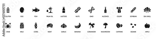 Set allergen free icons. Allergen free products. Products warning symbols. Lactose, gluten, sugar, corn, egg, trans fat, soy, nuts free, caffeine sign.